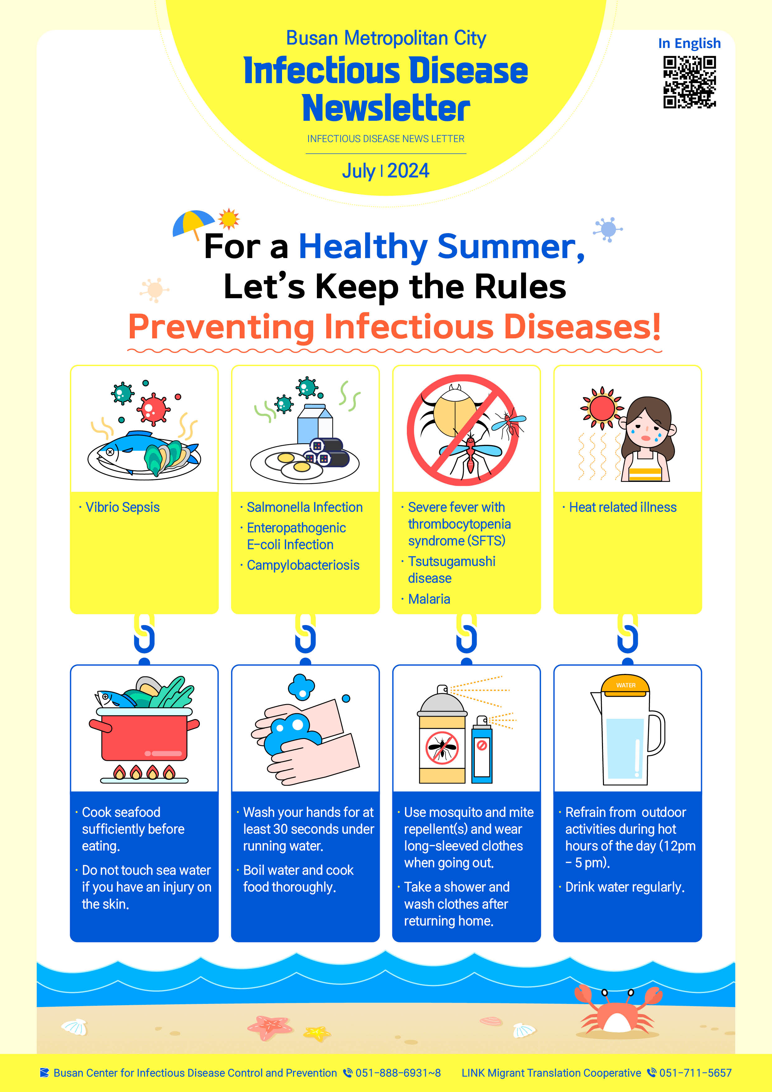 Busan Metropolitan City Infectious Disease Newsletter
July 2024
For a Healthy Summer,
Let’s Keep the Rules Preventing Infectious Diseases!
Vibrio Sepsis
Cook seafood sufficiently before eating.
Do not touch sea water if you have an injury on the skin.
Salmonella Infection
Enteropathogenic E-coli Infection
Campylobacteriosis
Wash your hands for at least 30 seconds under running water.
Boil water and cook  food thoroughly.
Severe fever with thrombocytopenia syndrome (SFTS)
Tsutsugamushi disease
Malaria 
Use mosquito and mite repellent(s) and wear long-sleeved clothes when going out.
Take a shower and wash clothes after returning home.
Heat related illness 
Refrain from  outdoor activities during hot hours of the day (12pm - 5 pm).
Drink water regularly.
Busan Center for Infectious Disease Control and Prevention 051-888-6931~8 
Infectious Disease Management Department, Busan Metropolitan City 051-888-3321~7
 사진0