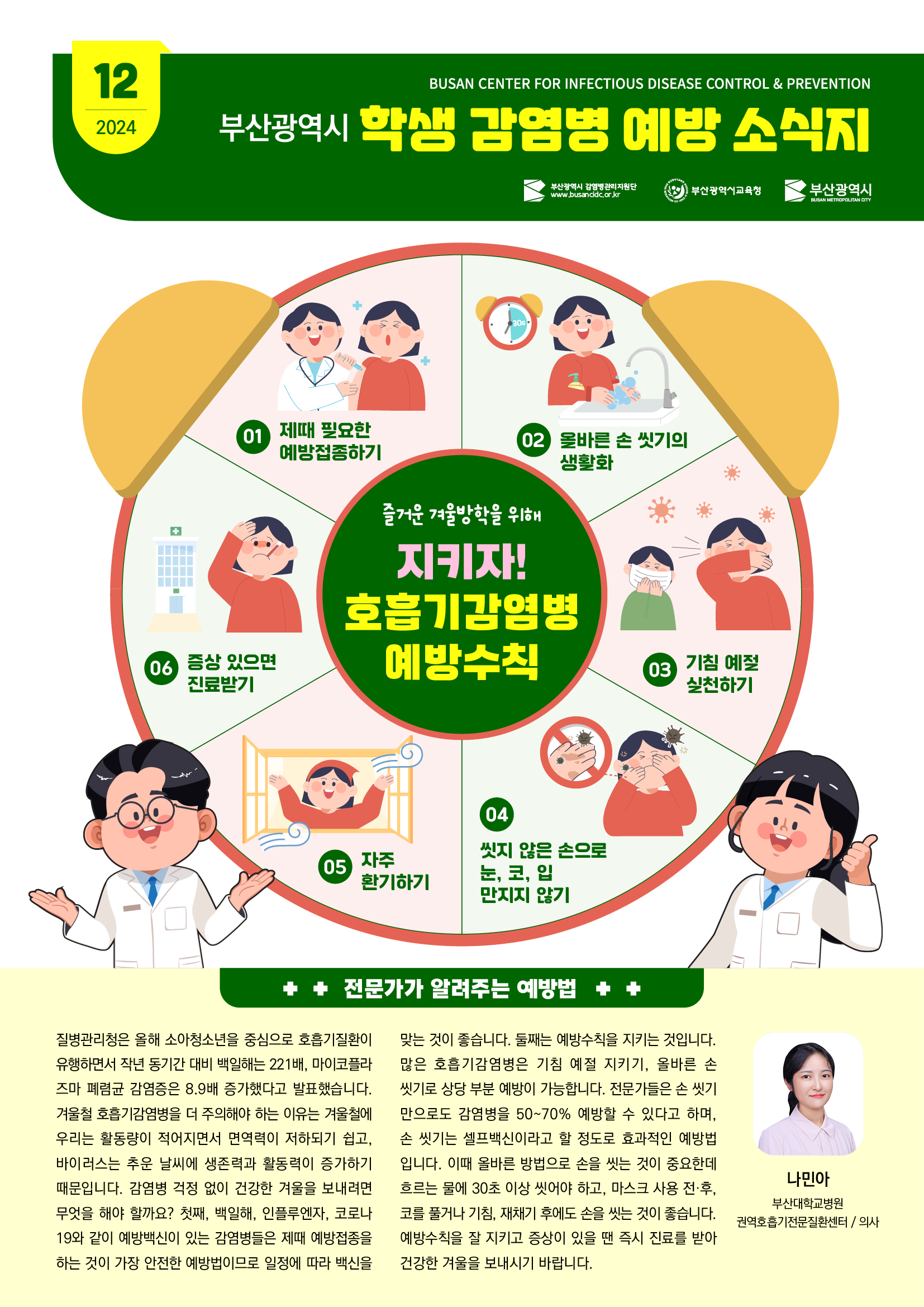 2024년 12월 부산광역시 학생 감염병 예방 소식지
발행처: 부산광역시 감염병관리지원단, 부산광역시교육청, 부산광역시

즐거운 겨울방학을 위해 지키자! 호흡기감염병 예방수칙

1. 제때 필요한 예방접종하기
2. 올바른 손씻기의 생활화
3. 기침예절 실천하기
4. 씻지 않은 손으로 눈, 코, 입 만지지 않기
5. 자주 환기하기
6. 증상 있으면 진료받기

전문가가 알려주는 예방법

나민아(부산대학교병원 권역호흡기전문질환센터 / 의사)

질병관리청은 올해 소아청소년을 중심으로 호흡기질환이 유행하면서 작년 동기간 대비 백일해는 221배, 마이코플라즈마 폐렴균 감염증은 8.9배 증가했다고 발표했습니다. 겨울철 호흡기감염병을 더 주의해야 하는 이유는 겨울철에 우리는 활동량이 적어지면서 면역력이 저하되기 쉽고, 바이러스는 추운 날씨에 생존력과 활동력이 증가하기 때문입니다. 감염병 걱정 없이 건강한 겨울을 보내려면 무엇을 해야 할까요? 첫째, 백일해, 인플루엔자, 코로나19와 같이 예방백신이 있는 감염병들은 제때에 예방접종을 하는 것이 가장 안전한 예방법이므로 일정에 따라 백신을 맞는 것이 좋습니다. 둘째는 예방수칙을 지키는 것입니다. 많은 호흡기 감염병들은 기침예절 지키기, 올바른 손씻기로 상당 부분 예방이 가능합니다. 전문가들은 손씻기만으로도 감염병을 50-70% 예방할 수 있다고 하며, 손씻기는 셀프백신이라고 할 정도로 효과적인 예방법입니다. 이 때 올바른 방법으로 손을 씻는 것이 중요한데 흐르는 물에 30초 이상 씻어야 하고, 마스크 사용 전·후, 코를 풀거나 기침, 재채기 후에도 손을 씻는 것이 좋습니다. 예방수칙을 잘 지키고 증상이 있을 땐 즉시 진료를 받아 건강한 겨울을 보내시기 바랍니다.  사진0